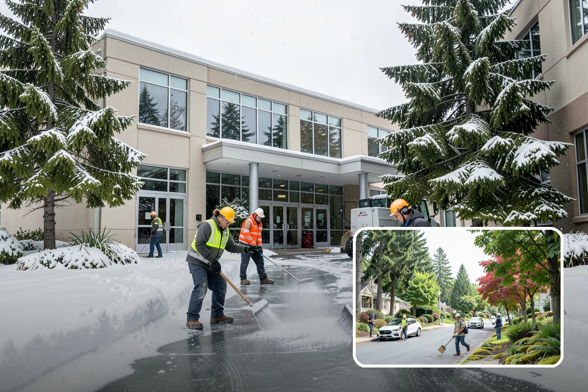 Parking Lot Plowing in Beaux Arts Village, King County, WA - Full-lot clearing before opening hours