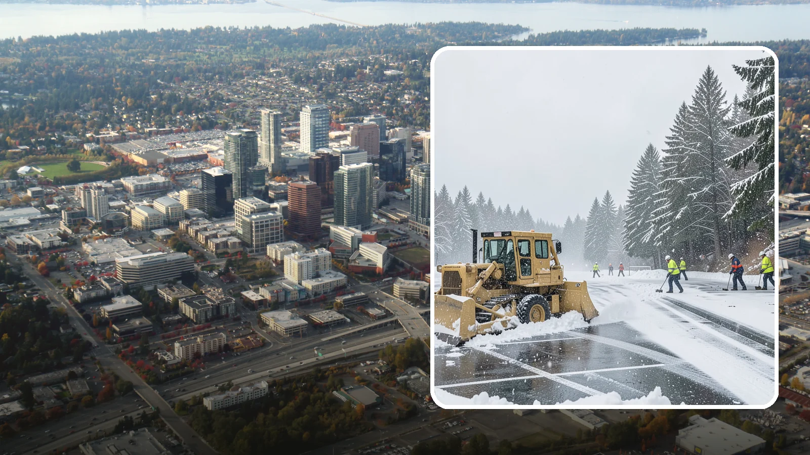 Parking Lot Plowing in Bellevue, King County, WA - When a Puget Sound cold snap drops several inches overnight, our plows clear your entire lot before the morning rush.
