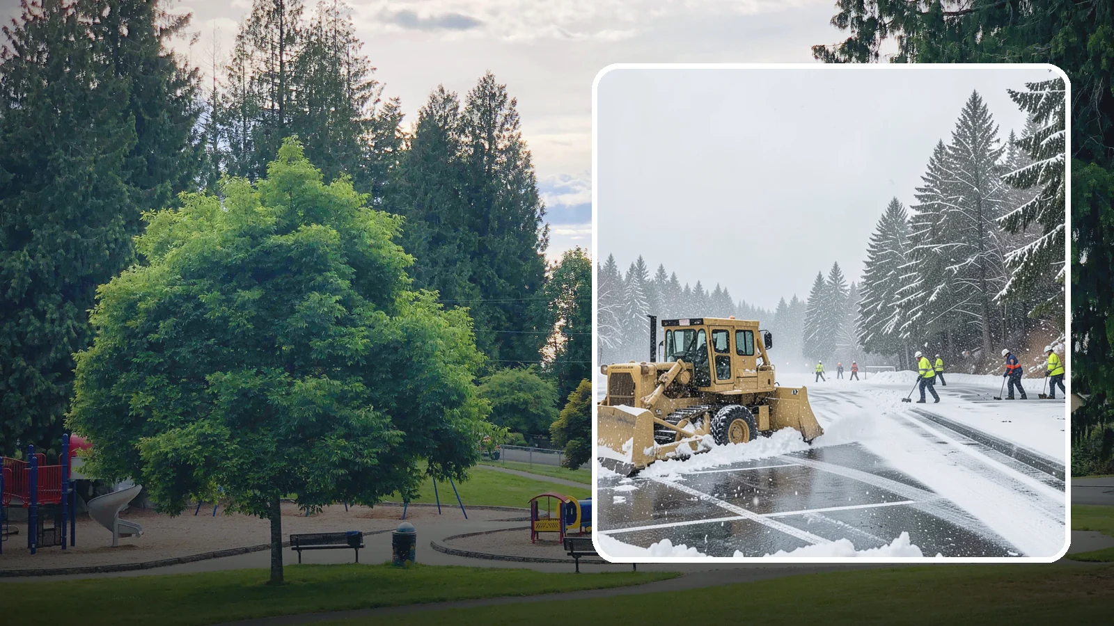 Parking Lot Plowing in Bonney Lake, Pierce County, WA - When a Puget Sound cold snap drops several inches overnight, our plows clear your entire lot before the morning rush.