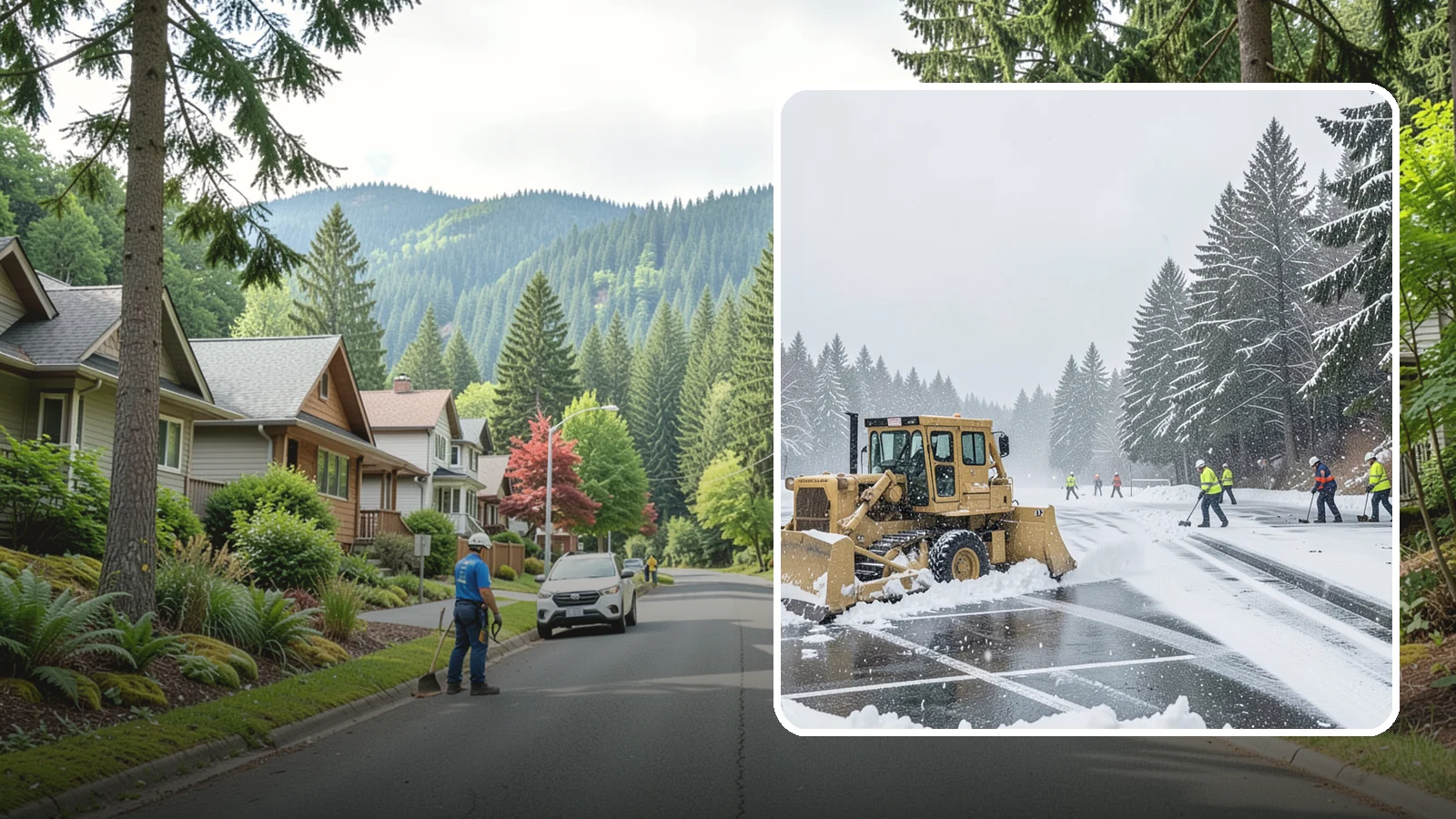 Parking Lot Plowing in Darrington, Snohomish County, WA - When a Puget Sound cold snap drops several inches overnight, our plows clear your entire lot before the morning rush.