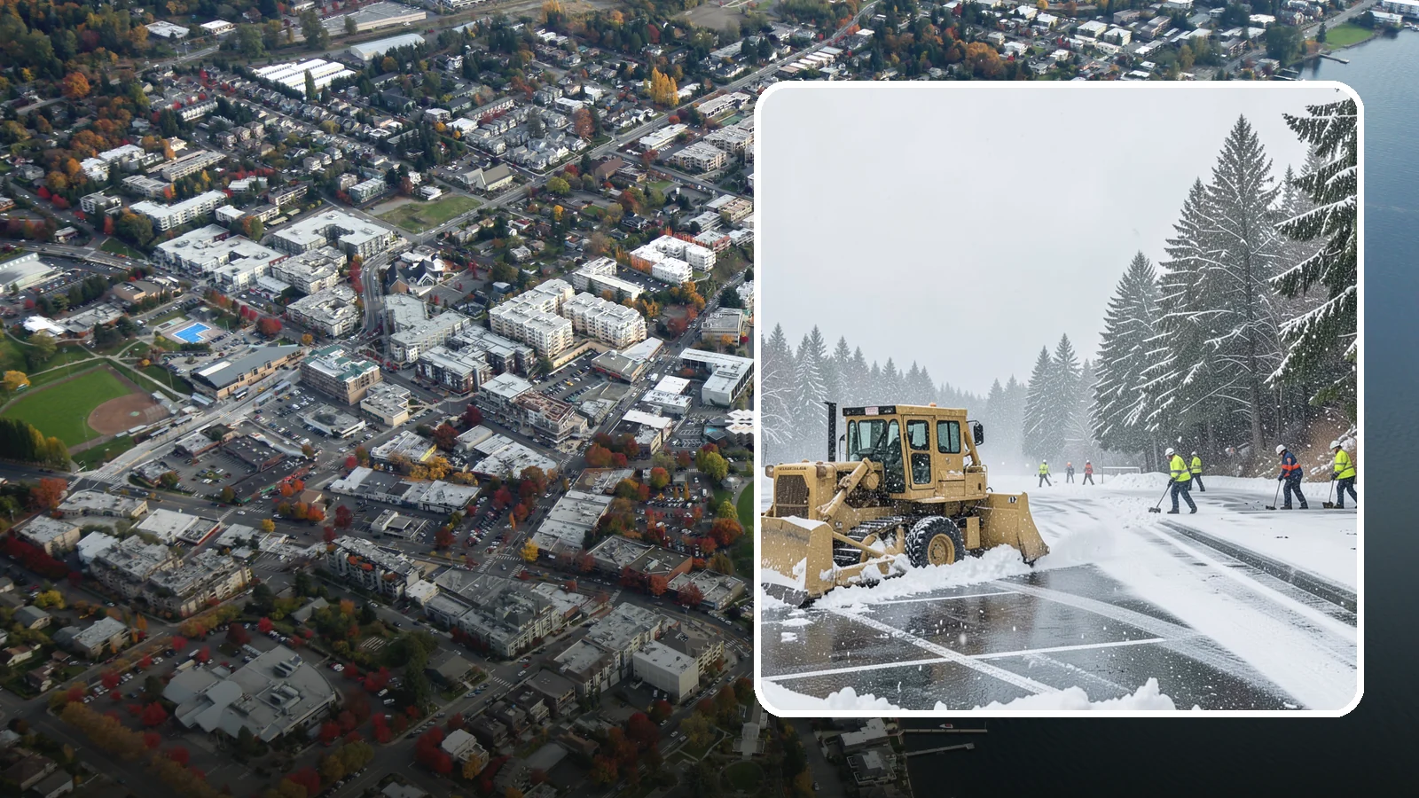 Parking Lot Plowing in Kirkland, King County, WA - When a Puget Sound cold snap drops several inches overnight, our plows clear your entire lot before the morning rush.