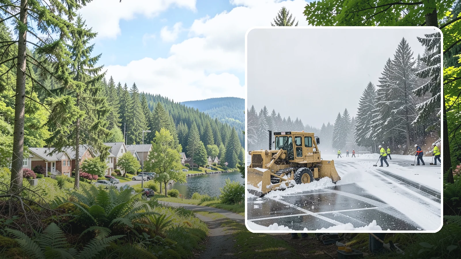 Parking Lot Plowing in Lake Forest Park, King County, WA - When a Puget Sound cold snap drops several inches overnight, our plows clear your entire lot before the morning rush.