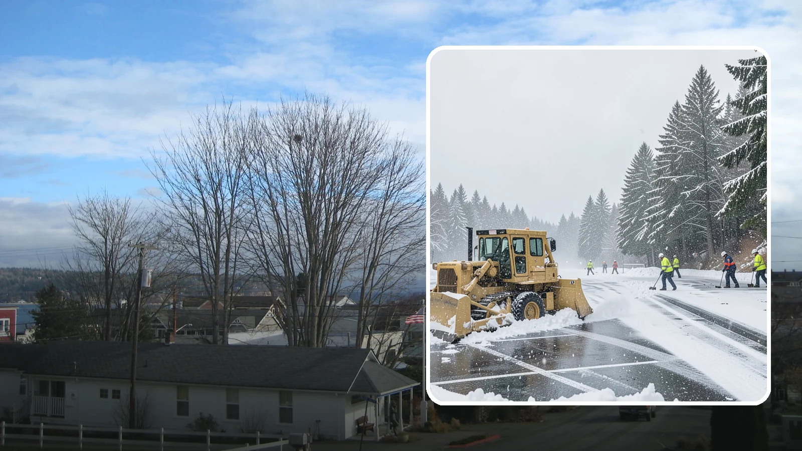 Parking Lot Plowing in Langley, Island County, WA - When a Puget Sound cold snap drops several inches overnight, our plows clear your entire lot before the morning rush.