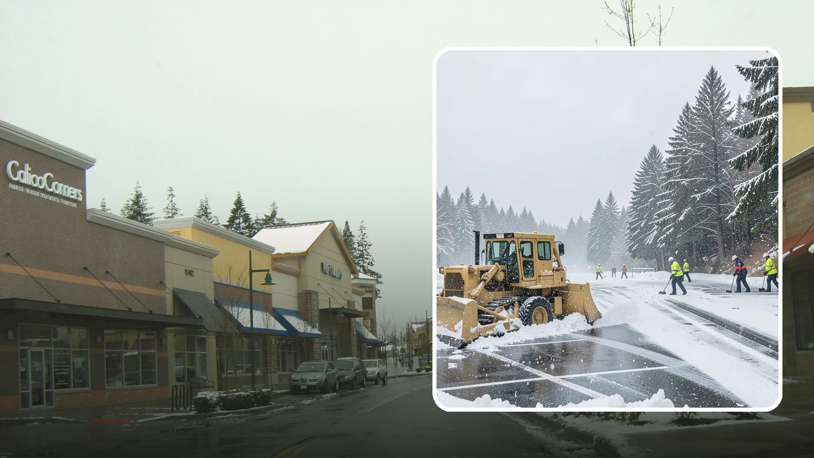 Parking Lot Plowing in Mill Creek, Snohomish County, WA - When a Puget Sound cold snap drops several inches overnight, our plows clear your entire lot before the morning rush.
