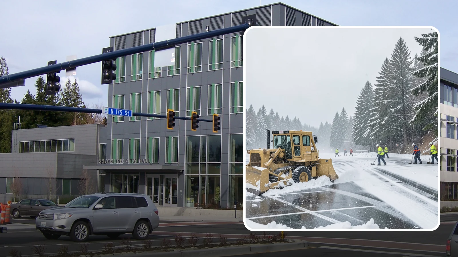 Parking Lot Plowing in Shoreline, King County, WA - When a Puget Sound cold snap drops several inches overnight, our plows clear your entire lot before the morning rush.
