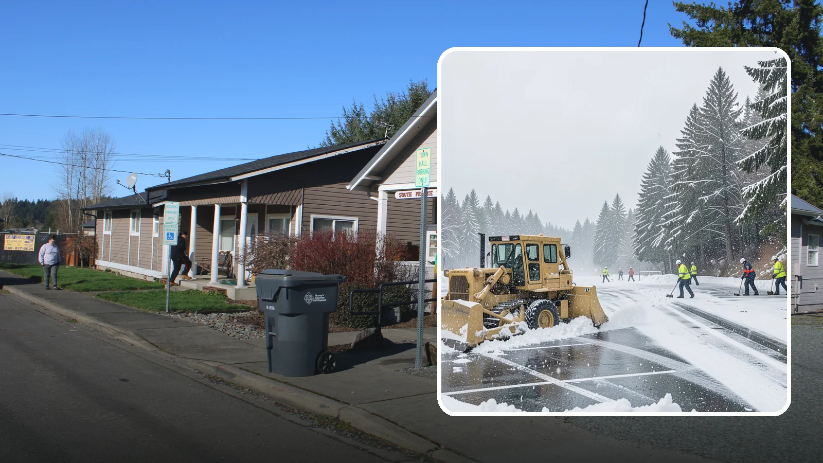 Parking Lot Plowing in South Prairie, Pierce County, WA - When a Puget Sound cold snap drops several inches overnight, our plows clear your entire lot before the morning rush.