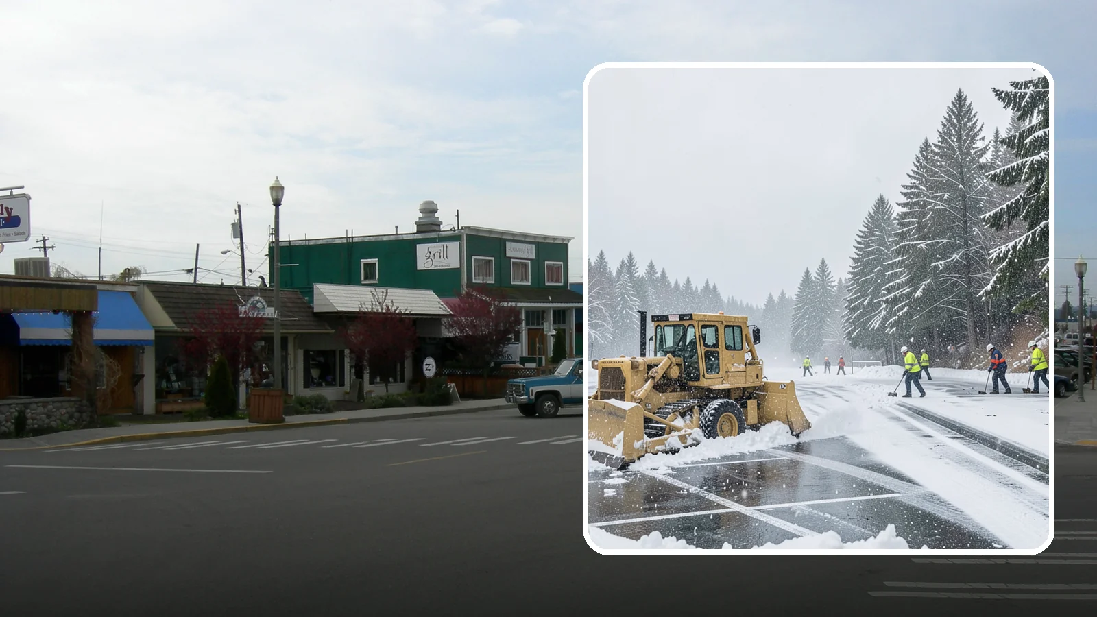 Parking Lot Plowing in Stanwood, Snohomish County, WA - When a Puget Sound cold snap drops several inches overnight, our plows clear your entire lot before the morning rush.