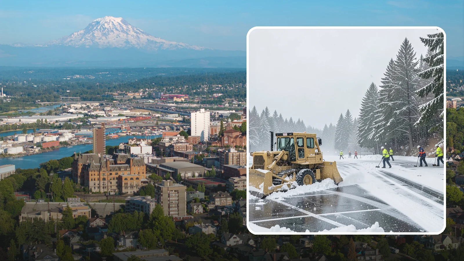 Parking Lot Plowing in Tacoma, Pierce County, WA - When a Puget Sound cold snap drops several inches overnight, our plows clear your entire lot before the morning rush.