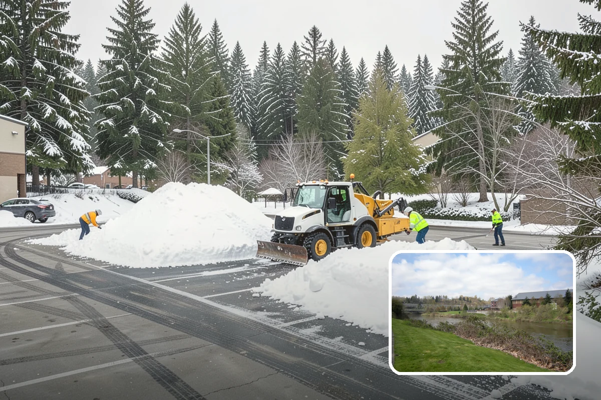 Parking Lot Plowing in Tukwila, King County, WA - Full-lot clearing before opening hours