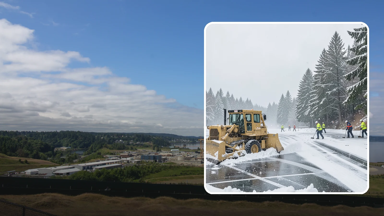 Parking Lot Plowing in University Place, Pierce County, WA - When a Puget Sound cold snap drops several inches overnight, our plows clear your entire lot before the morning rush.