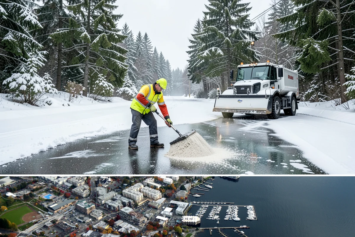 Parking Lot Salting in Kirkland, King County, WA - Salting runs strongest through the mid-winter freeze window of December to February.