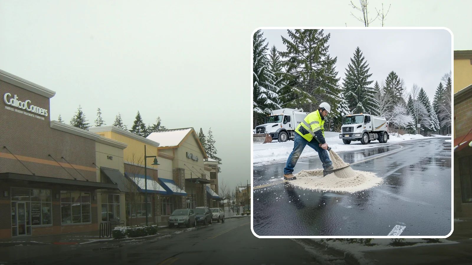 Parking Lot Sanding in Mill Creek, Snohomish County, WA - When temperatures fall too low for salt to work, we spread sand to restore traction across your lot.