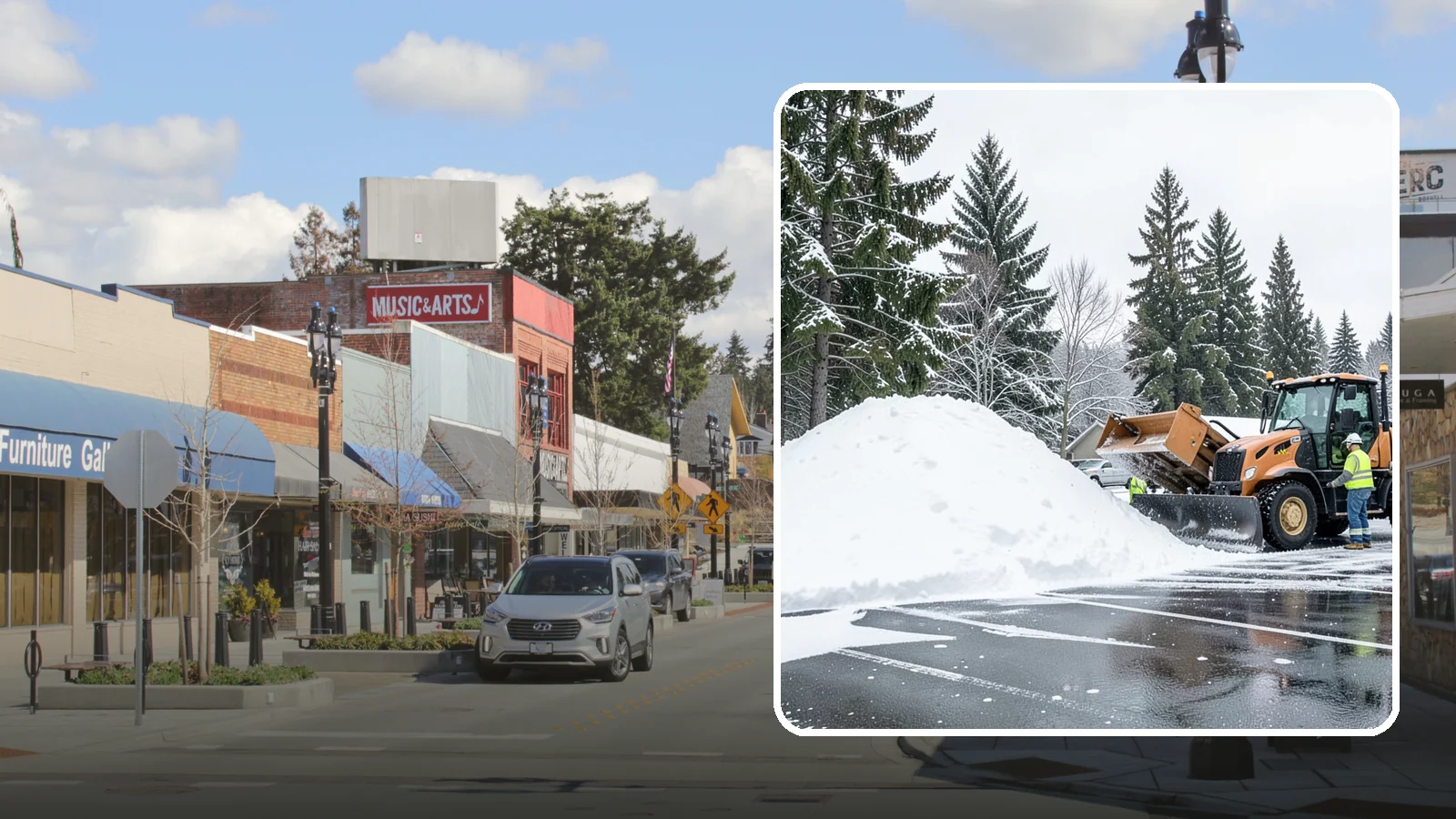 Parking Lot Snow Hauling in Bothell, King County, WA - When wet Cascade snow piles higher than your lot can hold, we haul it off-site to reclaim your stalls.
