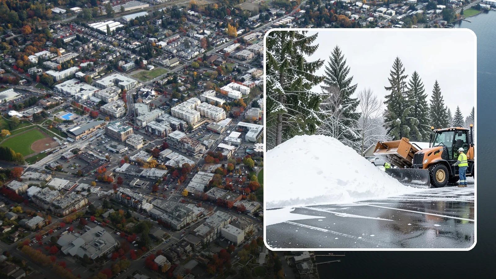 Parking Lot Snow Hauling in Kirkland, King County, WA - When wet Cascade snow piles higher than your lot can hold, we haul it off-site to reclaim your stalls.