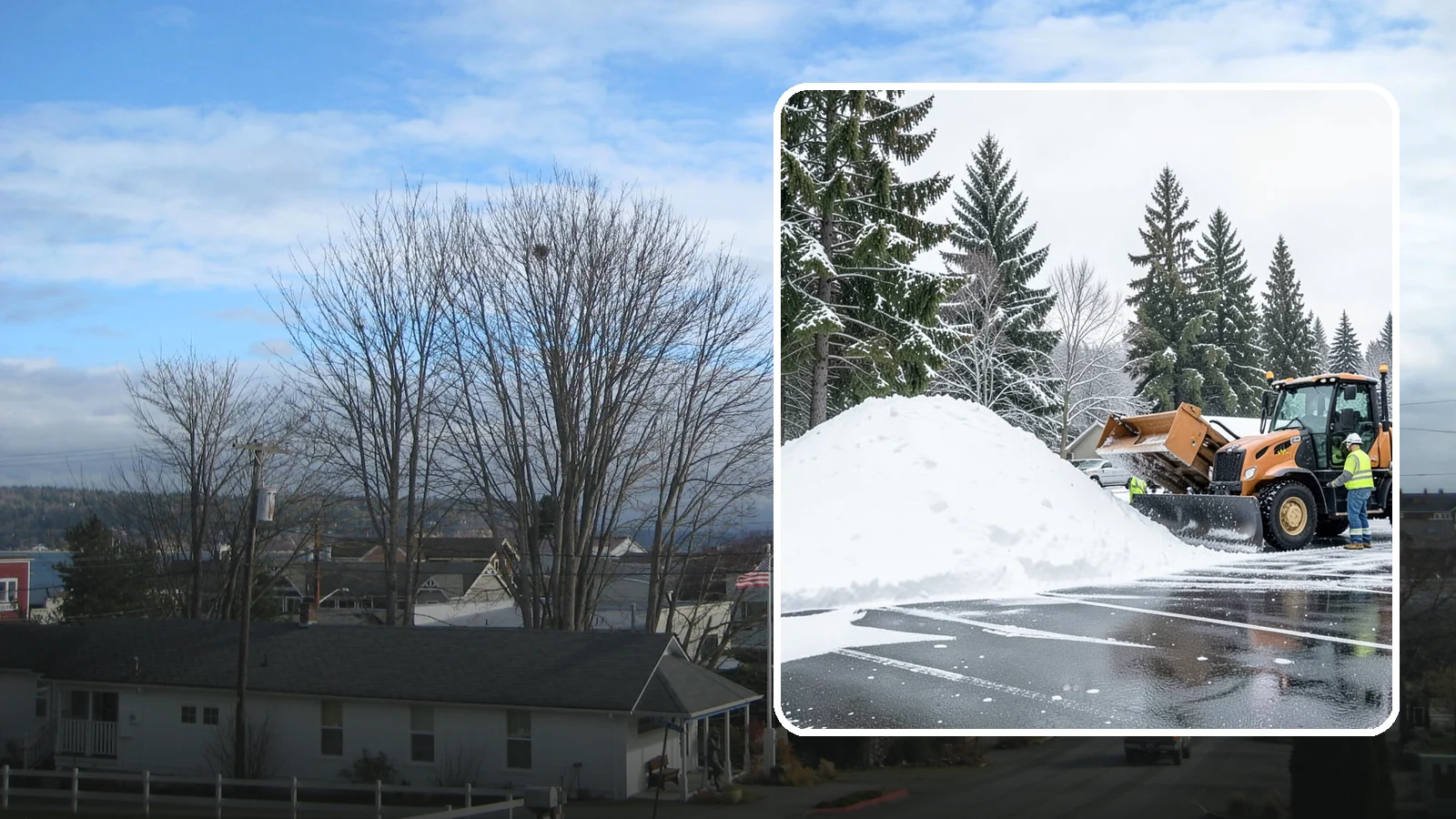 Parking Lot Snow Hauling in Langley, Island County, WA - When wet Cascade snow piles higher than your lot can hold, we haul it off-site to reclaim your stalls.