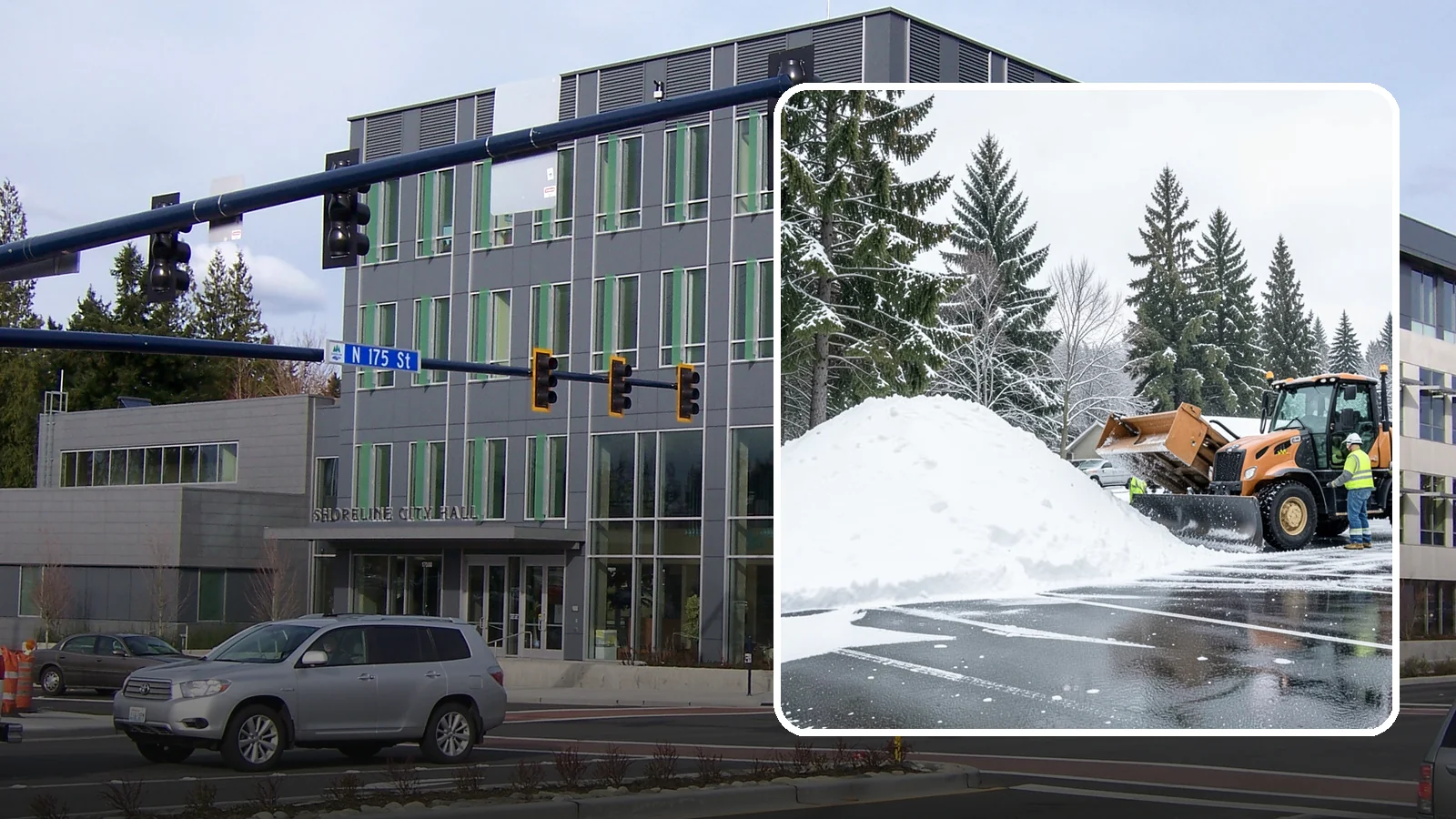 Parking Lot Snow Hauling in Shoreline, King County, WA - When wet Cascade snow piles higher than your lot can hold, we haul it off-site to reclaim your stalls.