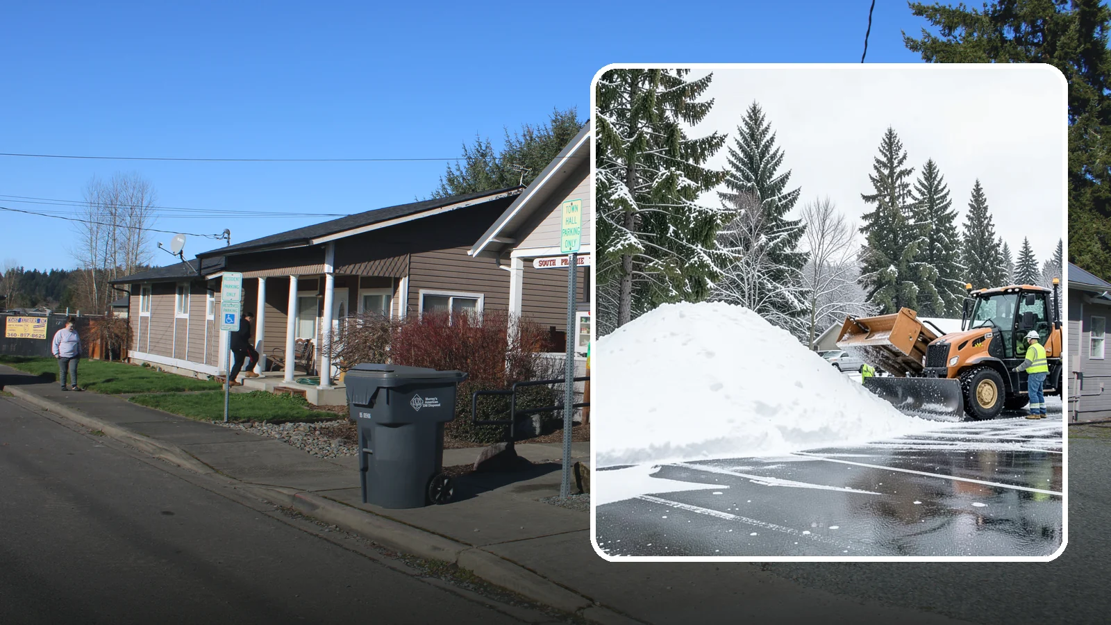 Parking Lot Snow Hauling in South Prairie, Pierce County, WA - When wet Cascade snow piles higher than your lot can hold, we haul it off-site to reclaim your stalls.