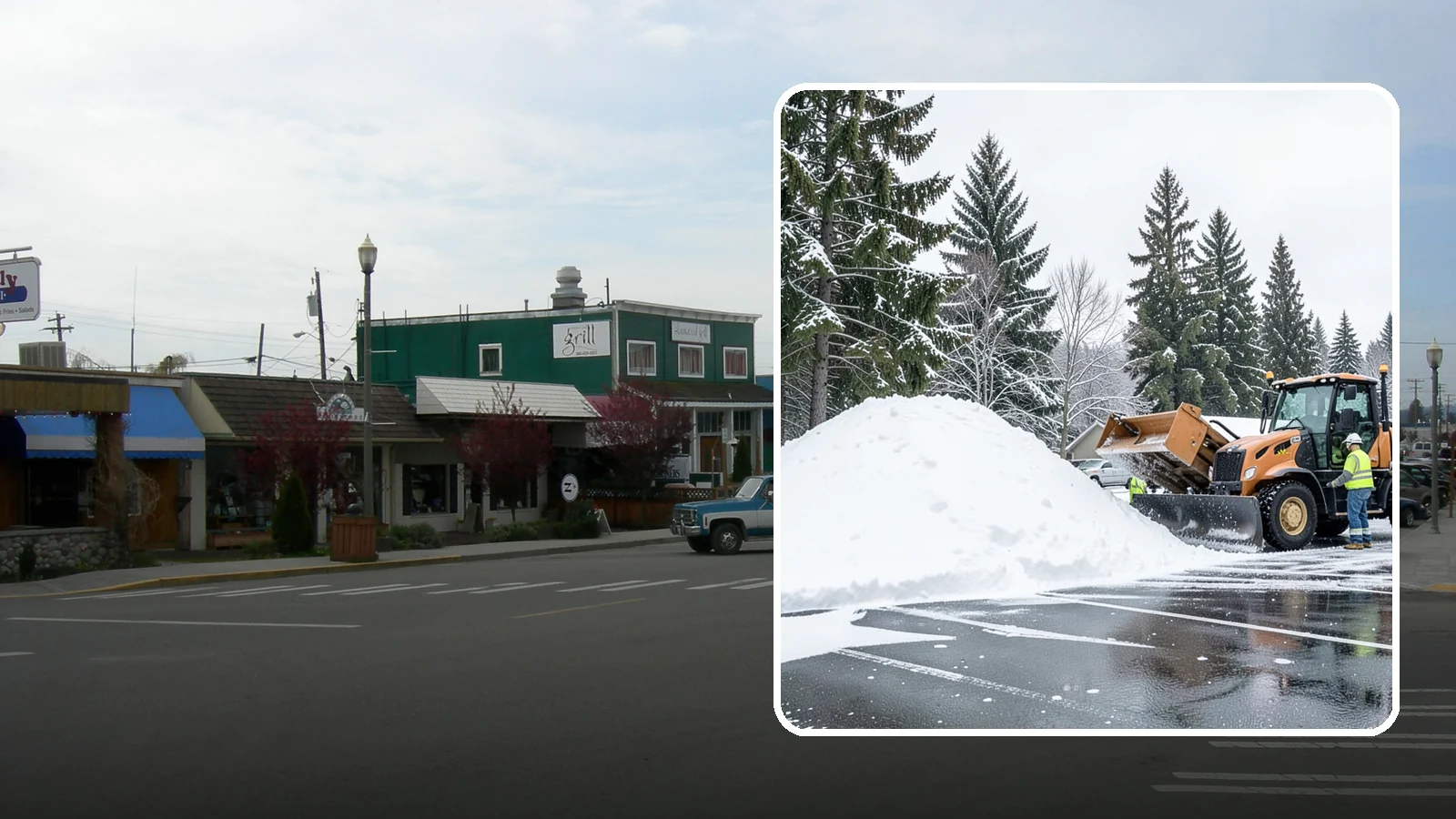 Parking Lot Snow Hauling in Stanwood, Snohomish County, WA - When wet Cascade snow piles higher than your lot can hold, we haul it off-site to reclaim your stalls.