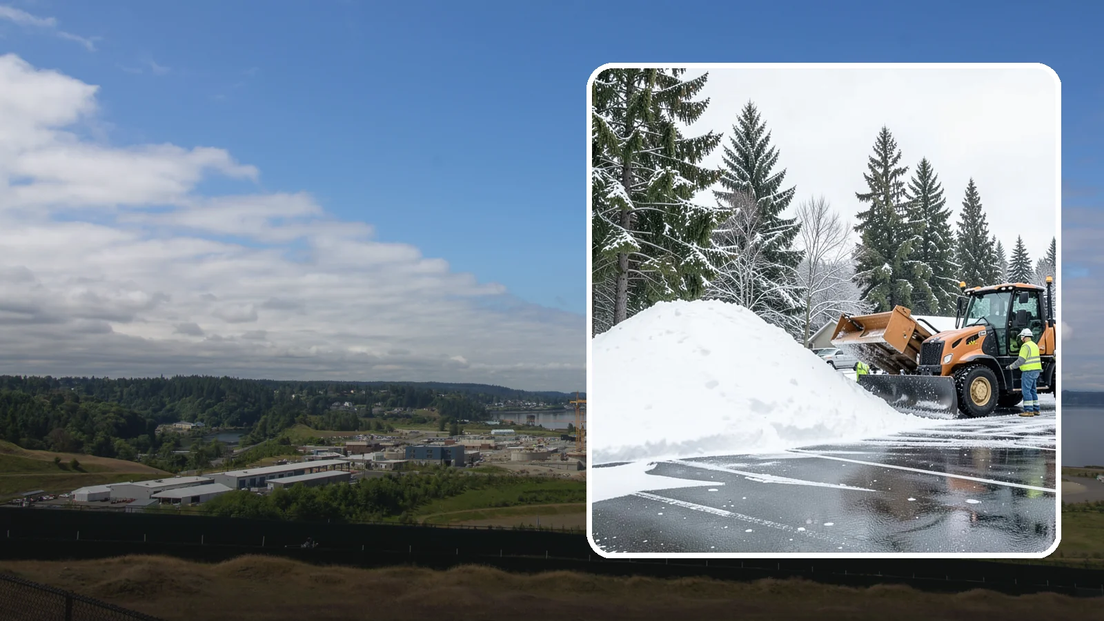 Parking Lot Snow Hauling in University Place, Pierce County, WA - When wet Cascade snow piles higher than your lot can hold, we haul it off-site to reclaim your stalls.