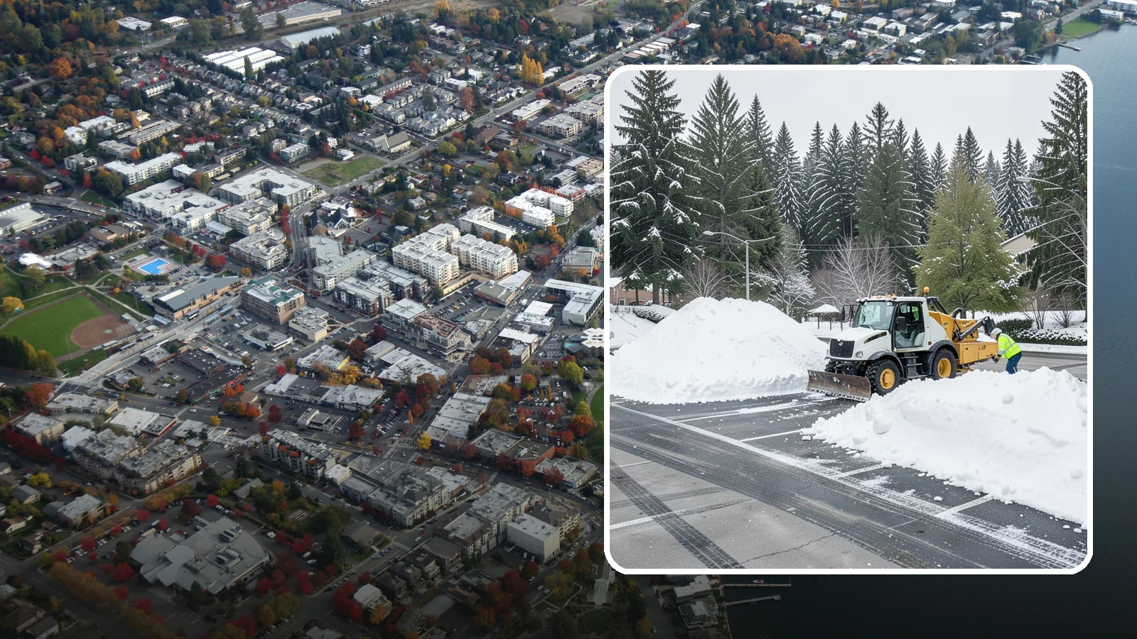 Parking Lot Snow Relocation in Kirkland, King County, WA - We reposition plowed snow into out-of-the-way piles so your lot stays open and safe.
