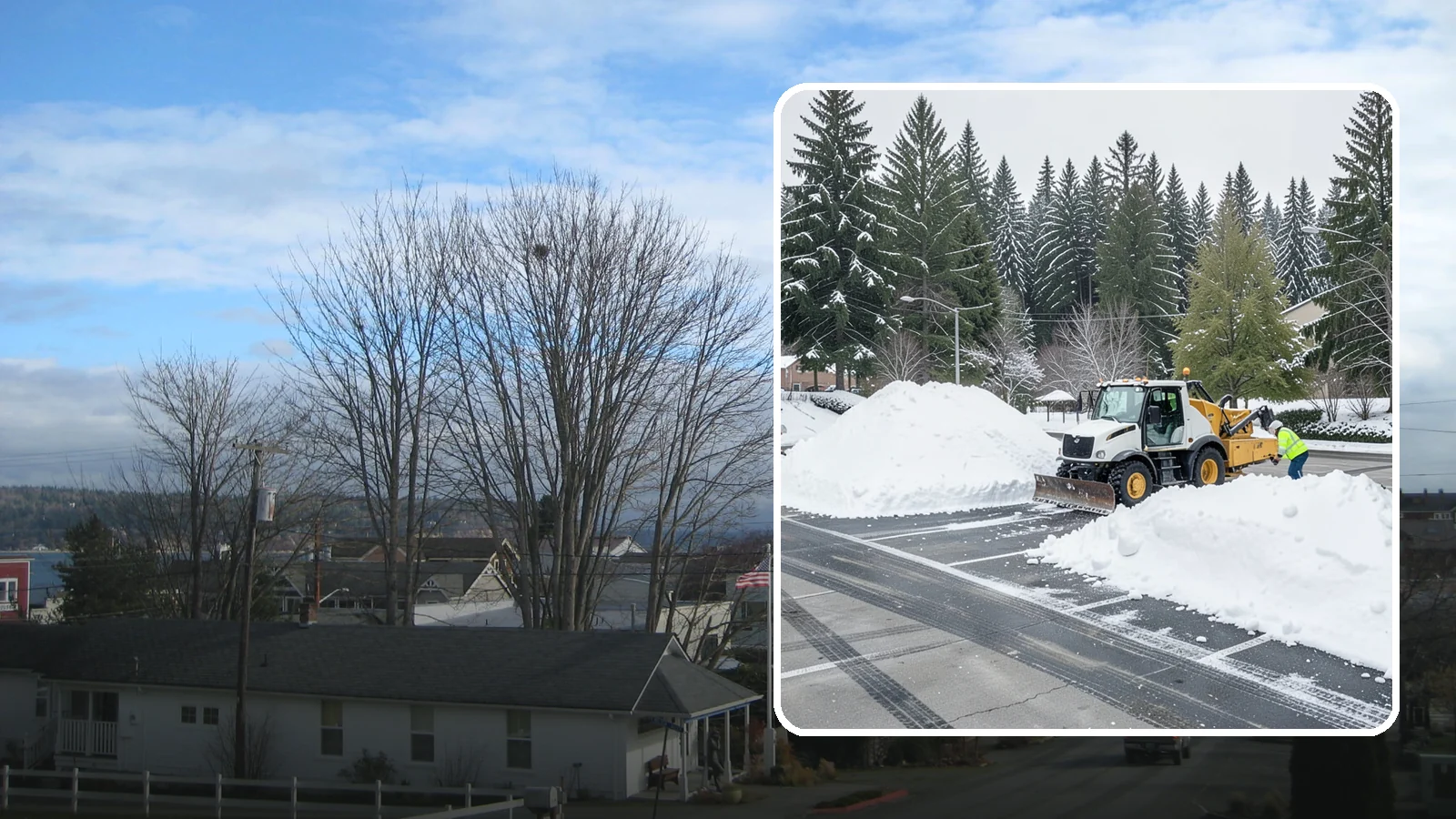 Parking Lot Snow Relocation in Langley, Island County, WA - We reposition plowed snow into out-of-the-way piles so your lot stays open and safe.