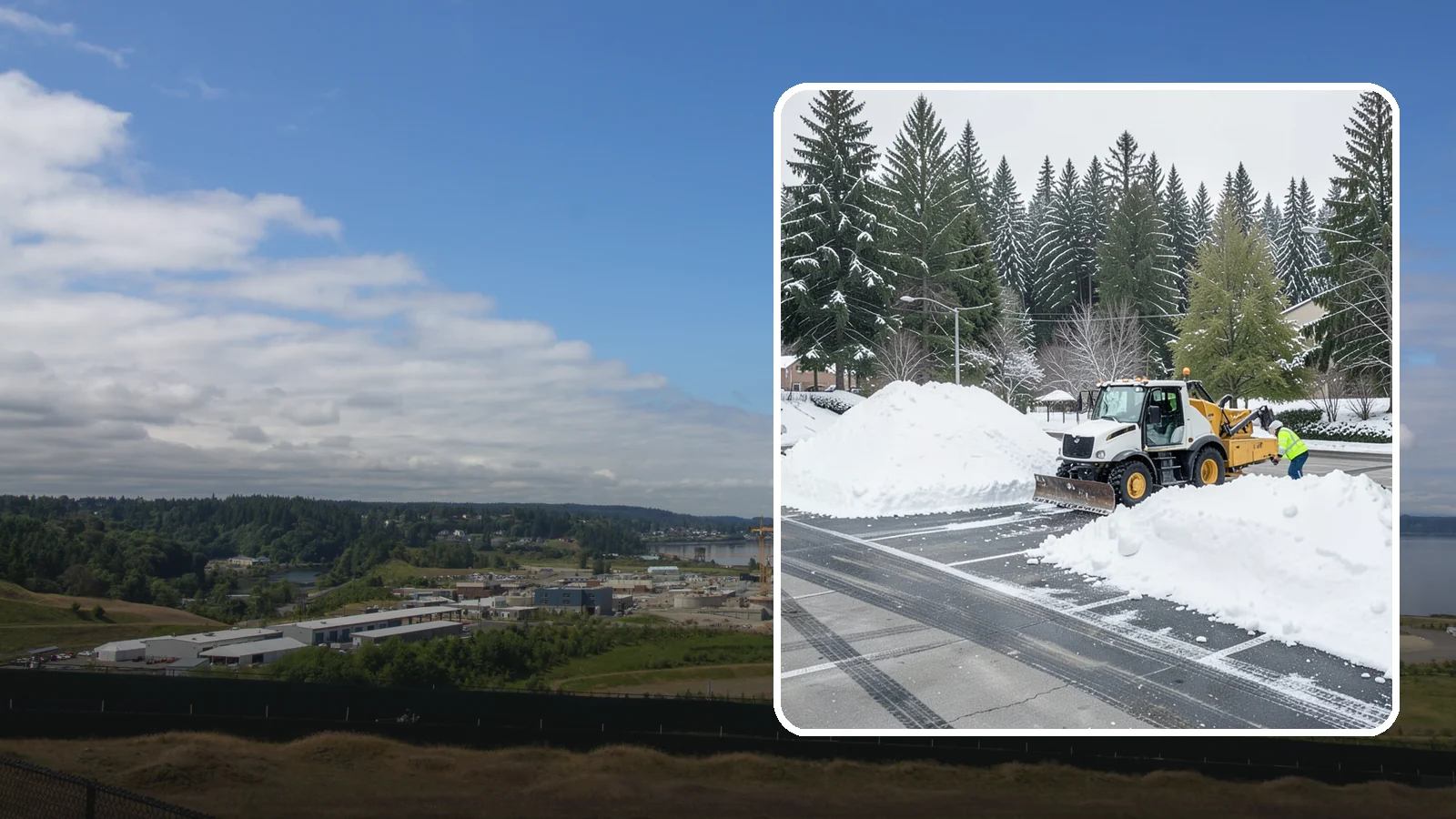 Parking Lot Snow Relocation in University Place, Pierce County, WA - We reposition plowed snow into out-of-the-way piles so your lot stays open and safe.