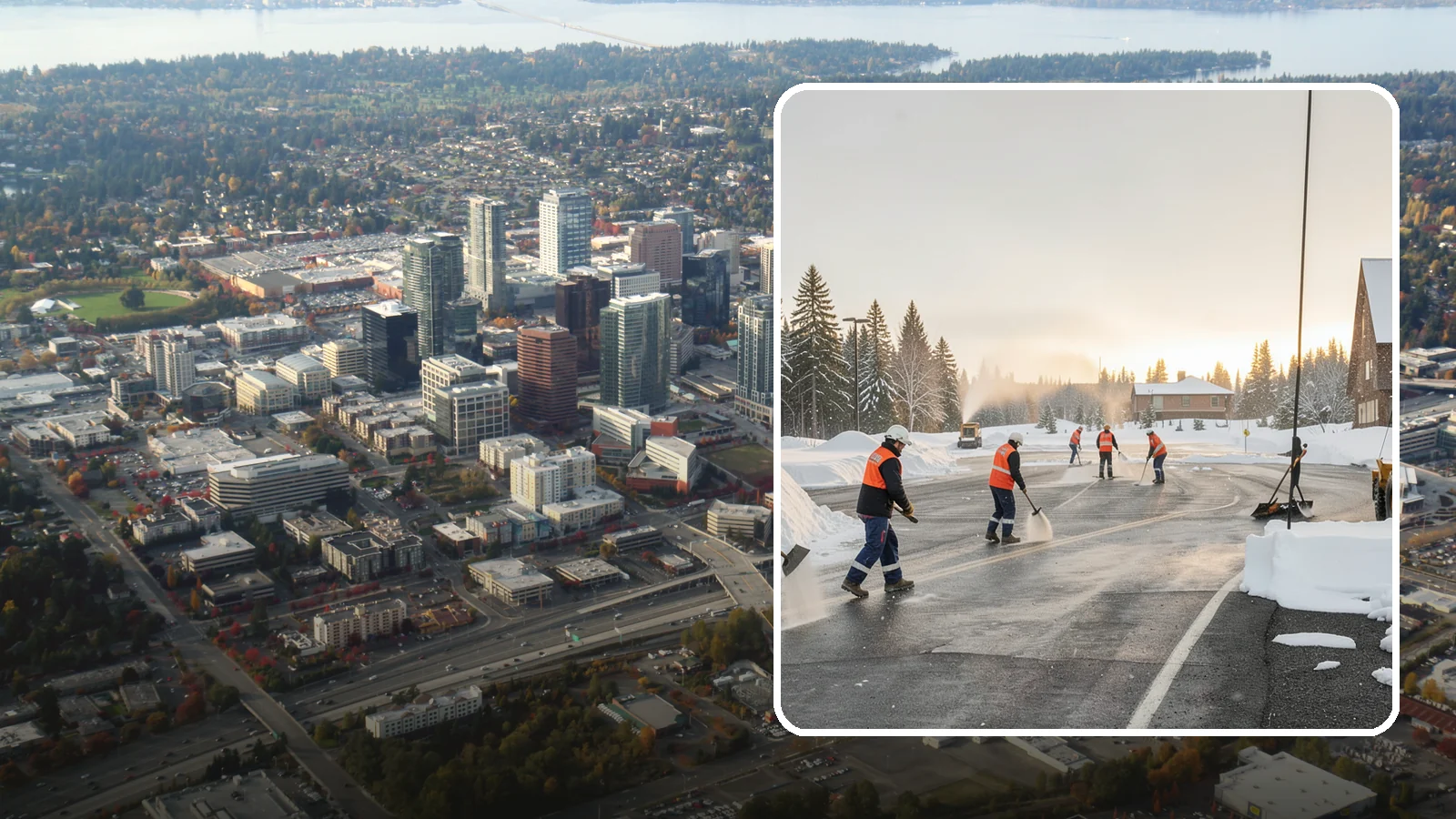 Parking Lot Snow Removal in Bellevue, King County, WA - We handle the full cycle of clearing, treating, and hauling snow from commercial lots across Western Washington.