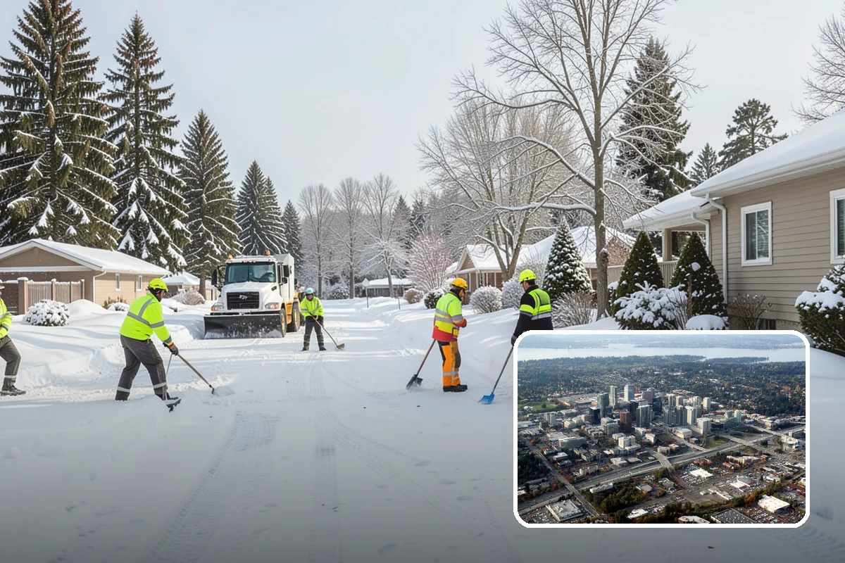 Parking Lot Snow Removal in Bellevue, King County, WA - Complete surface coverage including tight corners