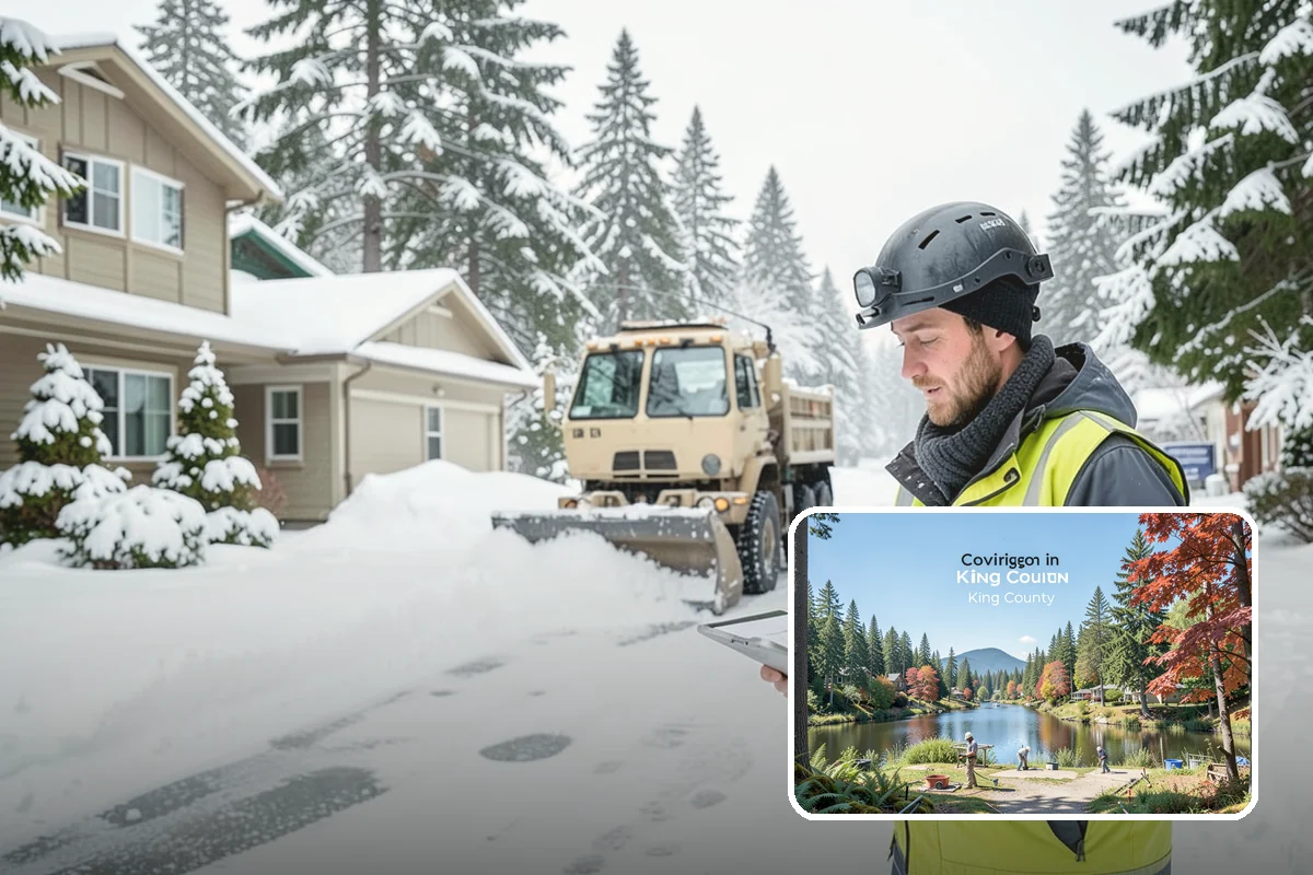 Parking Lot Snow Removal in Covington, King County, WA - Complete surface coverage including tight corners
