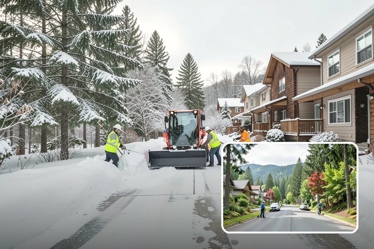 Parking Lot Snow Removal in Darrington, Snohomish County, WA - Complete surface coverage including tight corners