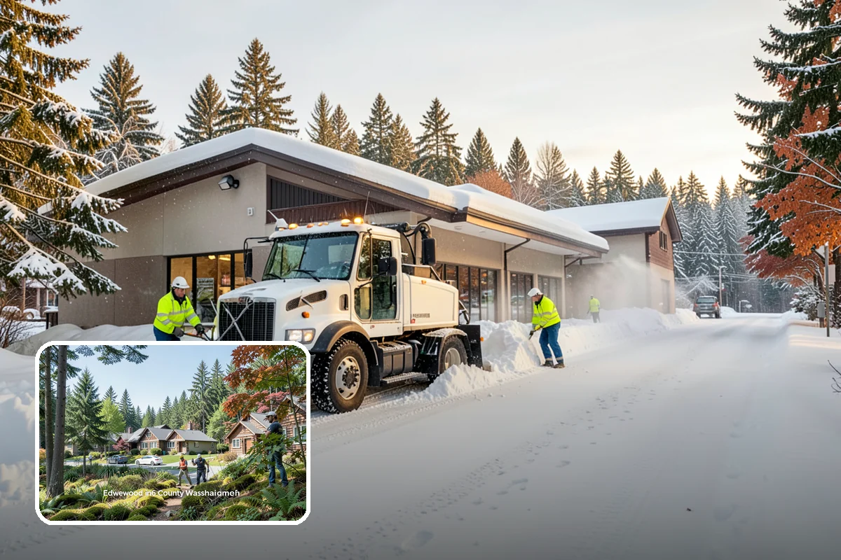 Parking Lot Snow Removal in Edgewood, Pierce County, WA - Complete surface coverage including tight corners