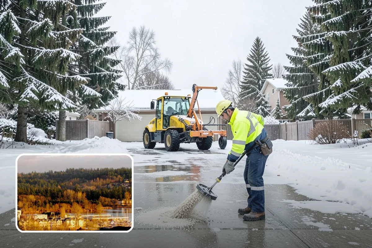 Parking Lot Snow Removal in Kenmore, King County, WA - Complete surface coverage including tight corners