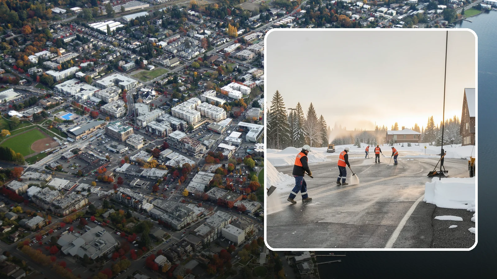 Parking Lot Snow Removal in Kirkland, King County, WA - We handle the full cycle of clearing, treating, and hauling snow from commercial lots across Western Washington.