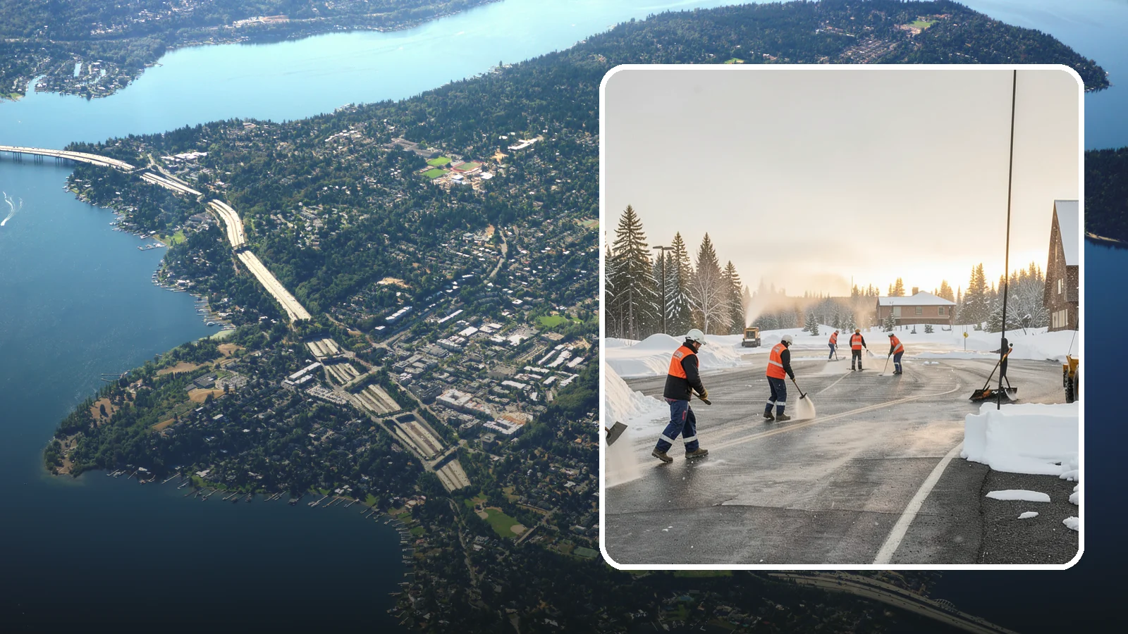 Parking Lot Snow Removal in Mercer Island, King County, WA - We handle the full cycle of clearing, treating, and hauling snow from commercial lots across Western Washington.