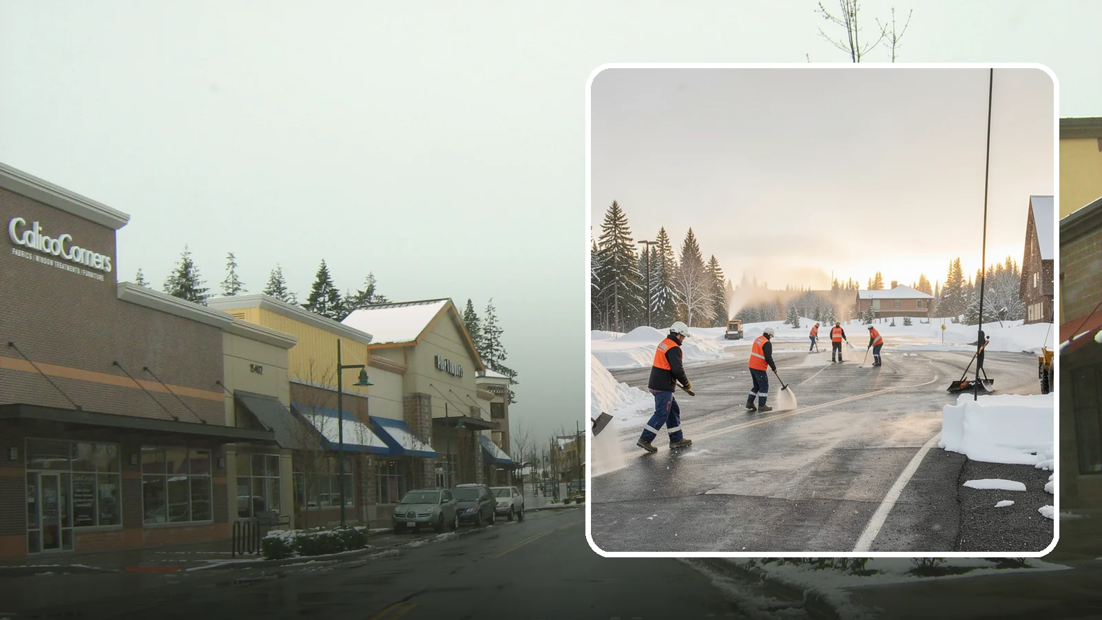 Parking Lot Snow Removal in Mill Creek, Snohomish County, WA - We handle the full cycle of clearing, treating, and hauling snow from commercial lots across Western Washington.