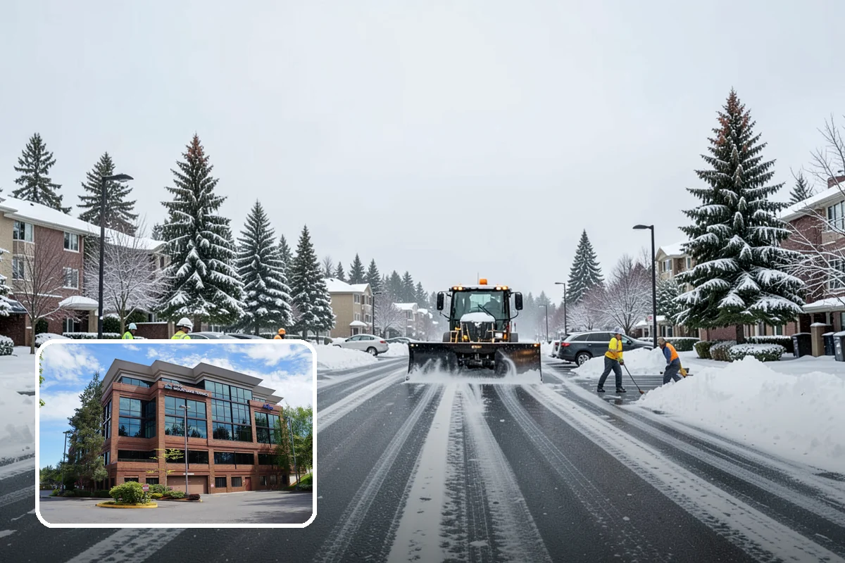 Parking Lot Snow Removal in Mountlake Terrace, Snohomish County, WA - Complete surface coverage including tight corners