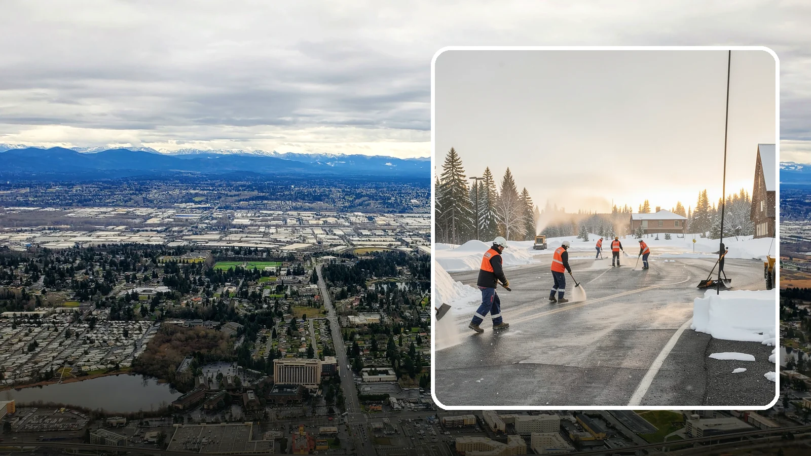 Parking Lot Snow Removal in SeaTac, King County, WA - We handle the full cycle of clearing, treating, and hauling snow from commercial lots across Western Washington.