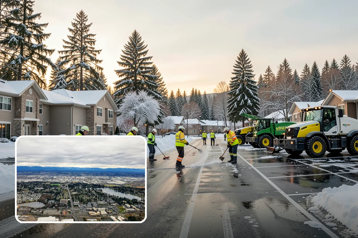 Parking Lot Snow Removal in SeaTac, King County, WA - Complete surface coverage including tight corners