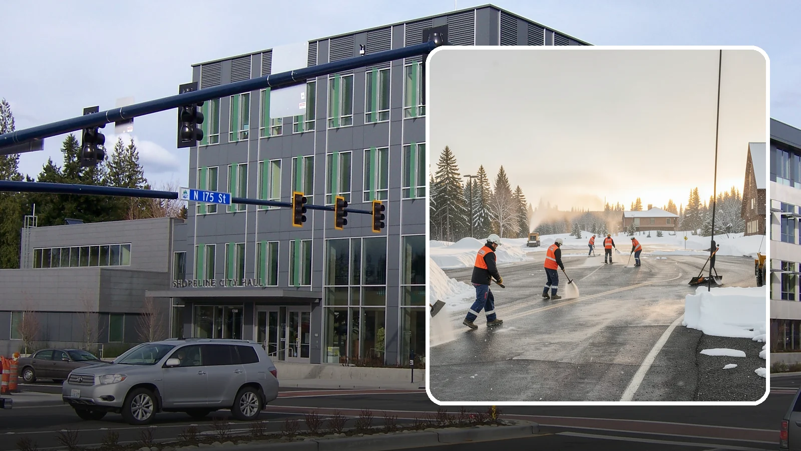 Parking Lot Snow Removal in Shoreline, King County, WA - We handle the full cycle of clearing, treating, and hauling snow from commercial lots across Western Washington.