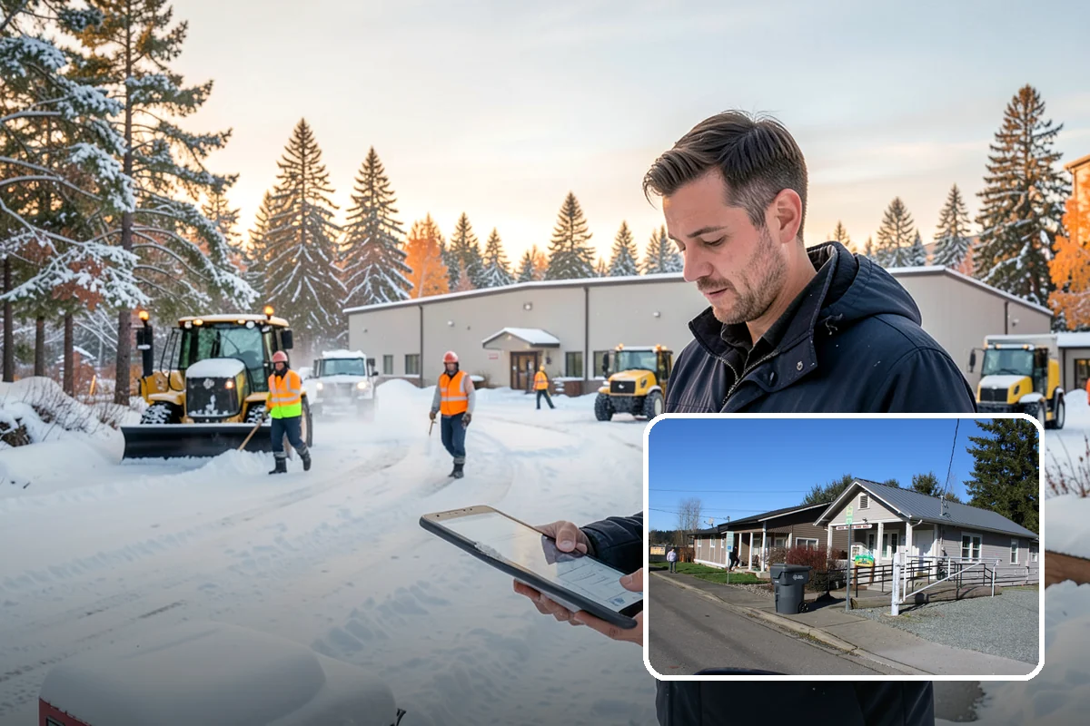 Parking Lot Snow Removal in South Prairie, Pierce County, WA - Complete surface coverage including tight corners