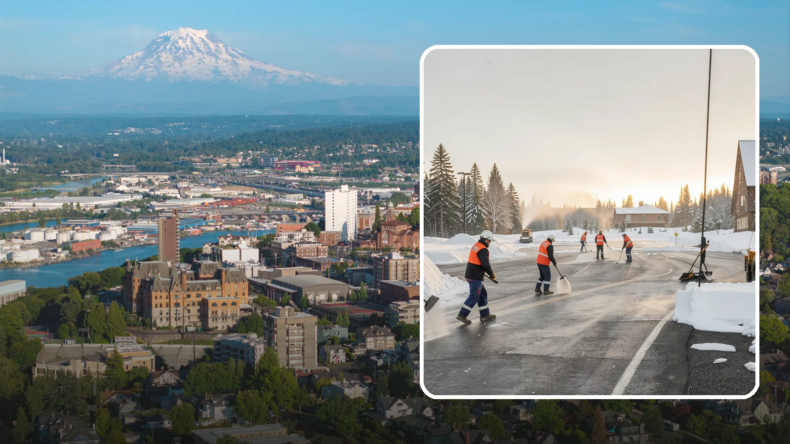 Parking Lot Snow Removal in Tacoma, Pierce County, WA - We handle the full cycle of clearing, treating, and hauling snow from commercial lots across Western Washington.