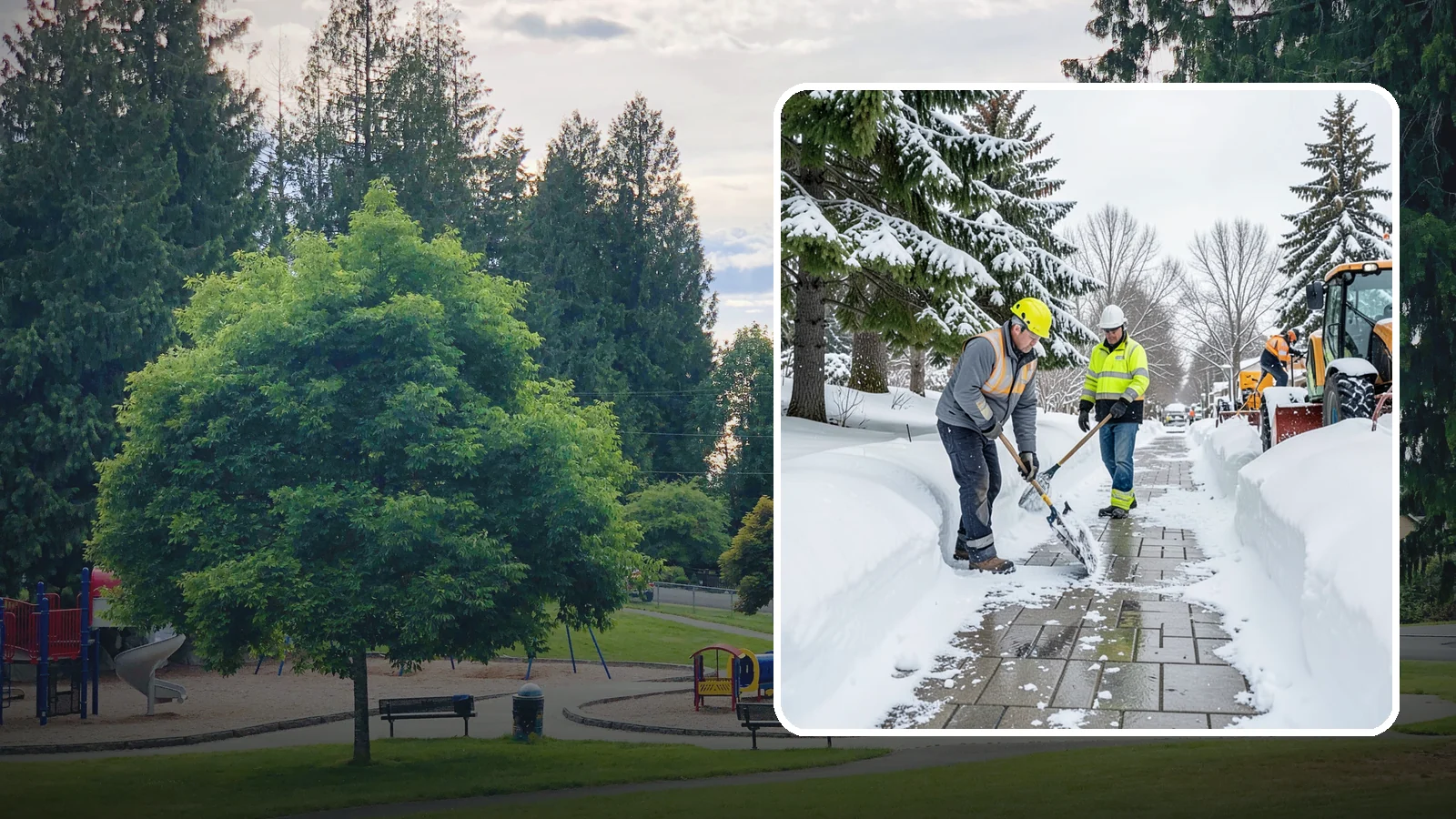 Patio Snow Removal in Bonney Lake, Pierce County, WA - Careful clearing of residential and commercial patios so wet Western Washington snow does not turn slick pavers into a fall...
