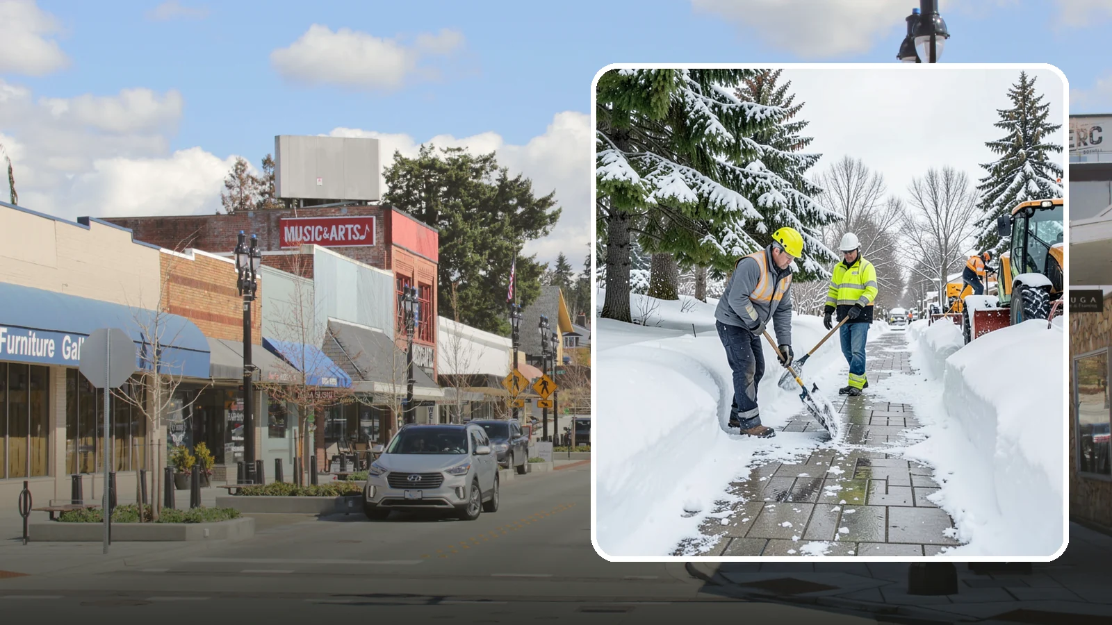 Patio Snow Removal in Bothell, King County, WA - Careful clearing of residential and commercial patios so wet Western Washington snow does not turn slick pavers into a fall...