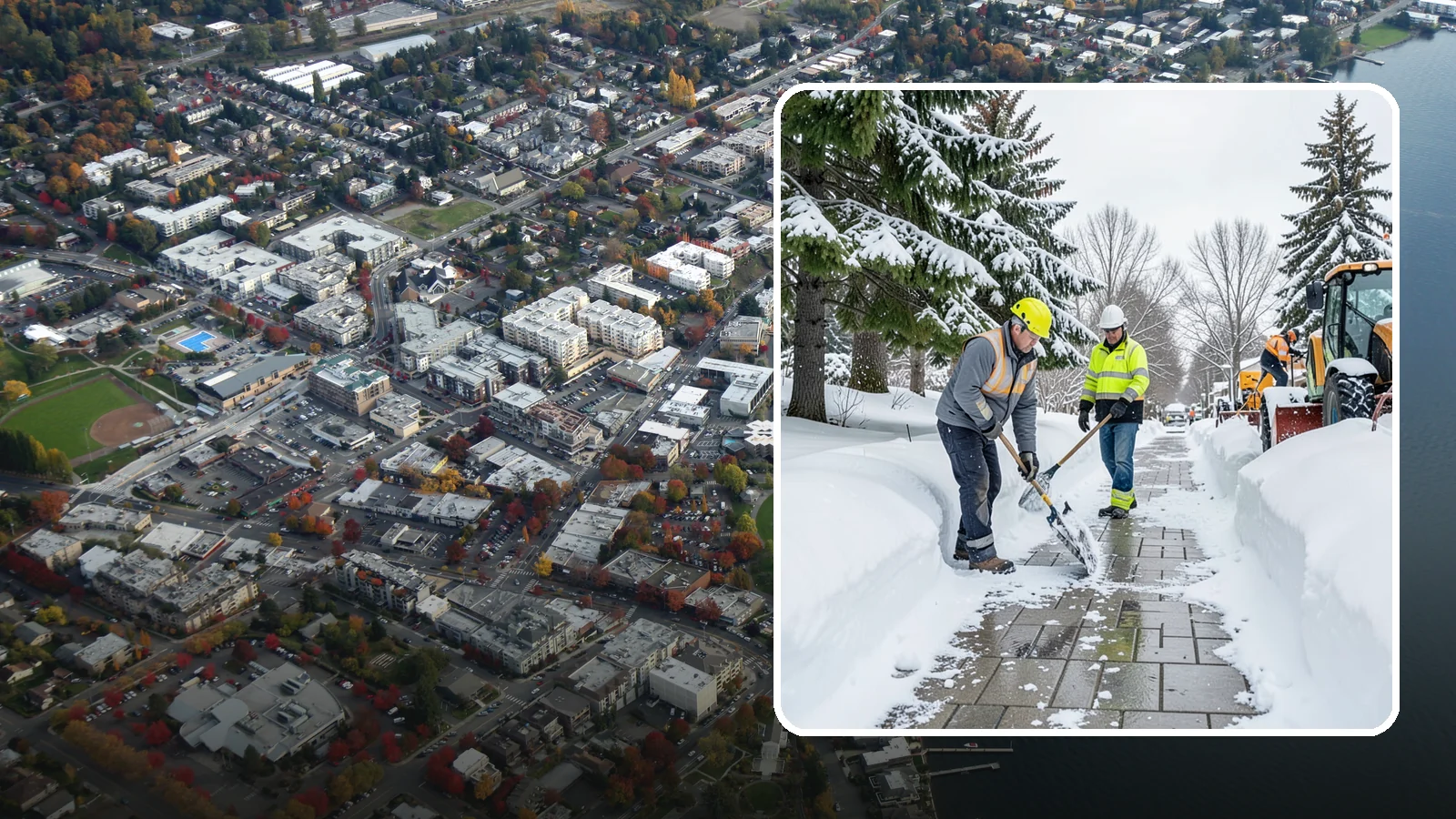 Patio Snow Removal in Kirkland, King County, WA - Careful clearing of residential and commercial patios so wet Western Washington snow does not turn slick pavers into a fall...