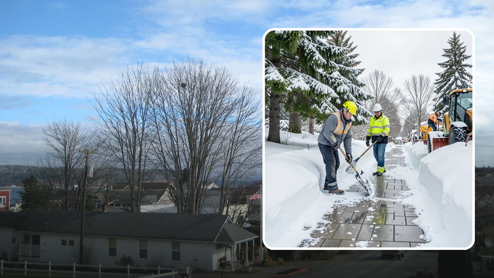 Patio Snow Removal in Langley, Island County, WA - Careful clearing of residential and commercial patios so wet Western Washington snow does not turn slick pavers into a fall...