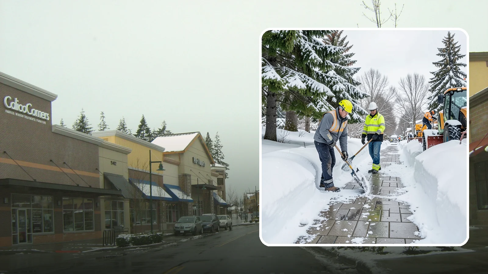 Patio Snow Removal in Mill Creek, Snohomish County, WA - Careful clearing of residential and commercial patios so wet Western Washington snow does not turn slick pavers into a fall...