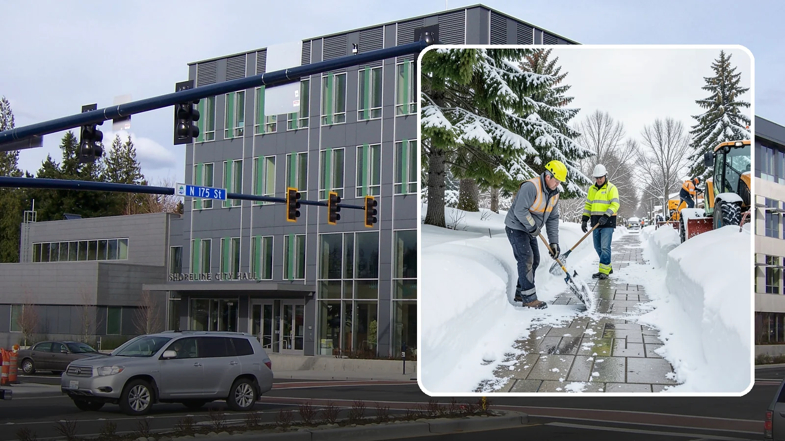 Patio Snow Removal in Shoreline, King County, WA - Careful clearing of residential and commercial patios so wet Western Washington snow does not turn slick pavers into a fall...