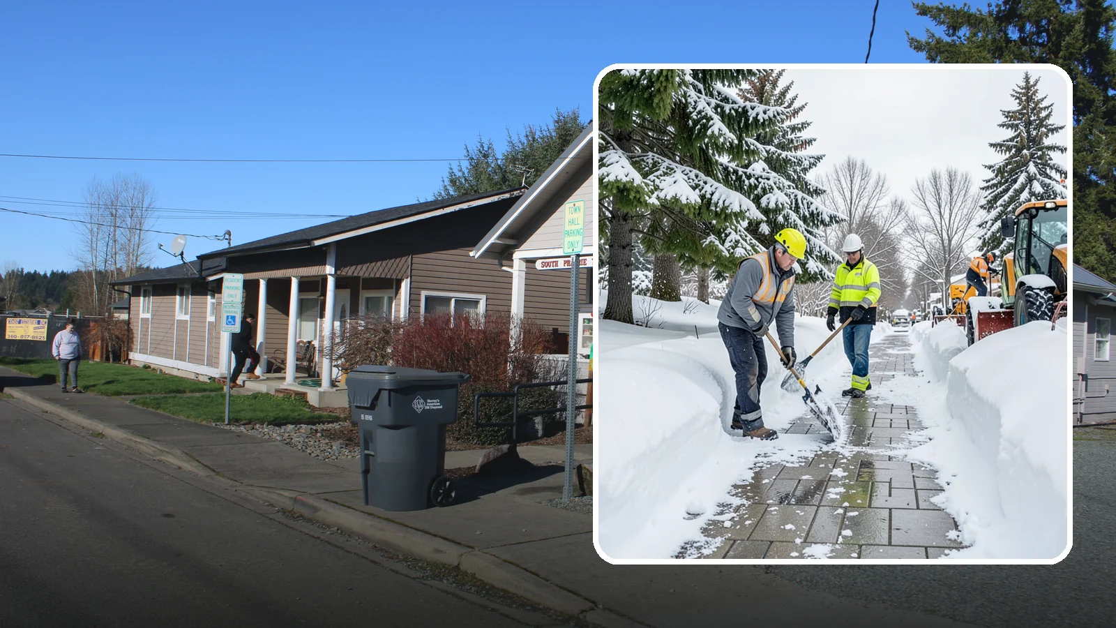 Patio Snow Removal in South Prairie, Pierce County, WA - Careful clearing of residential and commercial patios so wet Western Washington snow does not turn slick pavers into a fall...