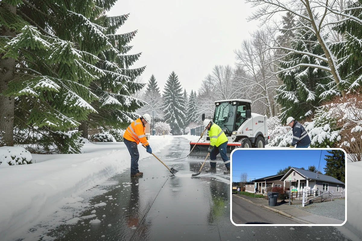 Pharmacy Snow Removal in South Prairie, Pierce County, WA - Drive-through lane cleared before opening