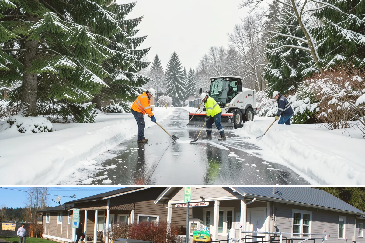 Police Station Snow Removal in South Prairie, Pierce County, WA - Stations require reliable coverage from late November through February during lowland freeze events.